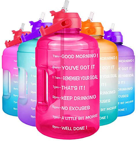 QuiFit 1 Gallon Water Bottle - with Straw & Motivational Time Marker Leak-Proof BPA Free Reusable Gym Sports Outdoor Large(128OZ) Capacity Water Jug(Pink,1 Gallon)