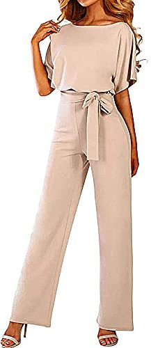 Coloody Femmes Combinaison Manches Courtes Barboteuse Jumpsuit Élégant Pantalon Loose Casual Combishort avec Ceinture Beige M