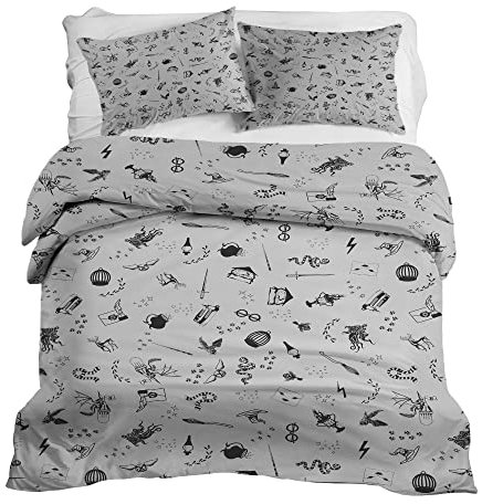 Gravity Bettwäsche 3 teilig Set für Gewichtsdecke - Schlaufen Bezugssystem Baumwolle Deckenbezug 150x220cm und 2X Kissenbezug 80x80cm für Erwachsene/Jugendliche Zauberer Schlange Hut grau