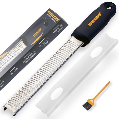 Deiss PRO Zesteur d'Agrumes & Râpe à Fromage Manuelle - Parmesan, Citron, Gingembre, Ail, Noix de Muscade, Chocolat - Lame Tranchante en Acier Inoxydable – Nettoyable au lave-vaisselle