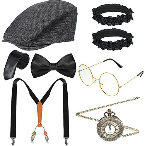 Boyiee 8 Pcs Detective Costume old man costume Accessories Adult Detective Hat 1920s Mens clothing Set(Simple)