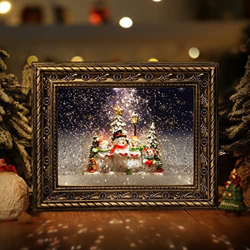 Lewondr LED Schneekugel Weihnachten mit Spieluhr, Elektrische Schneekugel Weihnachten Bilderrahmen mit Musik & Licht & Timer Schneemann Weihnachtslicht Batteriebetrieb/USB Beleuchtung, Messing Gold