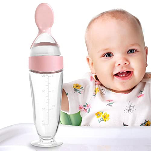 FokCalgary Baby Feeding Spoon | Baby Squeeze Feeder with Spoon | Silicone Baby Spoon Food Feeder Bottle for 3 Months+ Babies, Blue/Pink