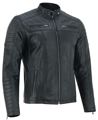Vance The Leather Company Giacca da motociclista da uomo in vera pelle, 100% pelle di agnello, Nero , L