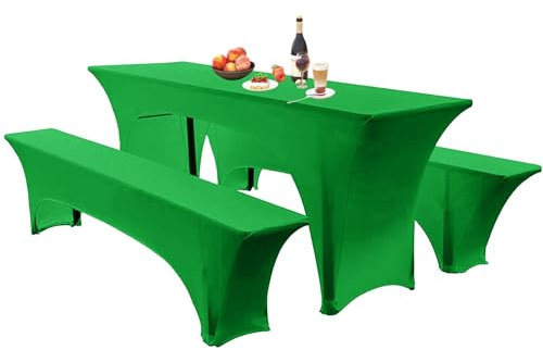 Elastische Hussen Für Bierzeltgarnitur Biertischhussen Bierbank-Auflage & Tischdecke 50 cm Oder 70 cm Tischbreite, 3 TLG Set Stretch Hussen Für Festzeltgarnituren Bierbank (70cm,Green)
