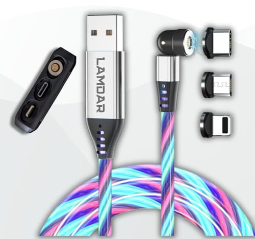 LAMDAR 3-in-1 USB Charging Cable with Lumination Led, 360°& 180° Magnetic Connector Phone Charger Cable Compatible with iP/Type-C/Micro, Quick charge 3.0 (2M, Silver)