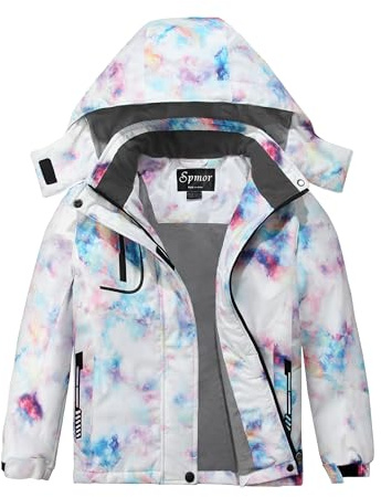Spmor Chaqueta de esquí impermeable para niña, abrigo cálido a prueba de viento, chaqueta de snowboard de invierno, Purple Flower, 6-7