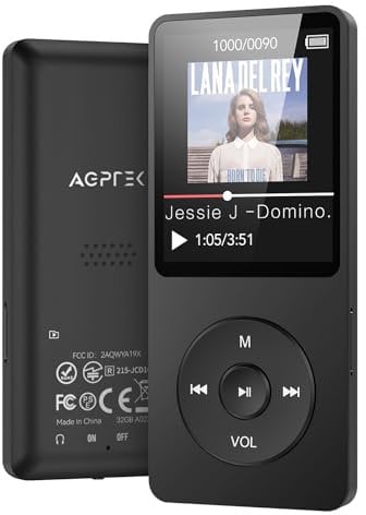 AGPTEK MP3 Player 32GB mit Lautsprecher, 70 Stunden Akkulaufzeit Kleiner und klassischer Sport MP3 mit 1,8 Zoll Bildschirm, FM-Radio, Aufnahme (Ohne Bluetooth), TF-Karte bis zu 128GB, Schwarz