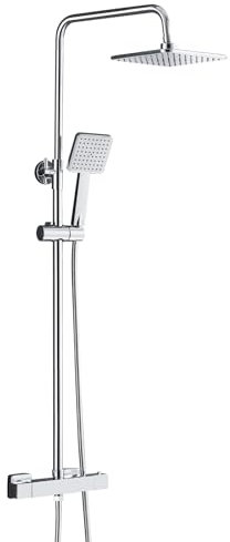 WOOHSE Duschsystem mit Thermostat Regendusche Duschset, Edelstahl Duschsäule mit Kopfbrause und Handbrause, Verstellbarer Duschstange 810-1175mm Komplettes Duschgarnitur für Bad, Chrom