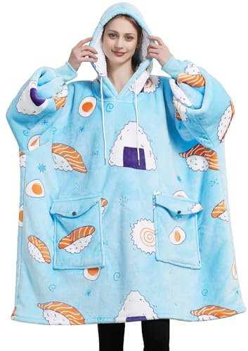 Übergroße Decke für Damen Erwachsene Super Weiche Warme Bequeme Decken für Damen Männer mit Taschen (Blaues Sushi)
