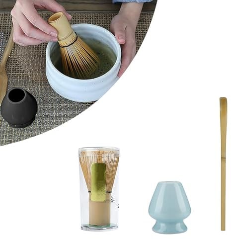 Viitech Matcha Tea Set of 3, Janpanese Matcha Ceremony Accessory Including Ceramic Tea Whisk Holder, Matcha Whisk and Tea Scoop, for Tea Ceremony Tea Drinking