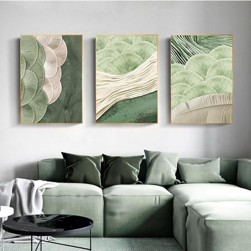 BDKCYO 3er Set Bilder Grün Golden Pflanzenblatt Leinwand Abstrakte Goldener Blätter Poster 50x70cm Grün Gold Wanddekoration Leinwandbilder Ohne Rahmen (B,60x90 cm)