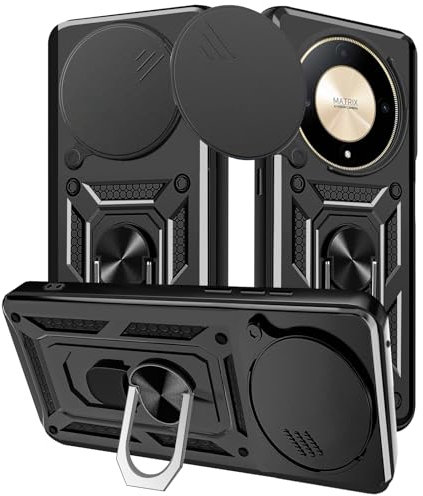 Yutwo Cover per Honor Magic 6 Lite - Custodia Antiurto Scorrevole con Protezione Fotocamera, 360° Rotante Anello Supporto - Nero