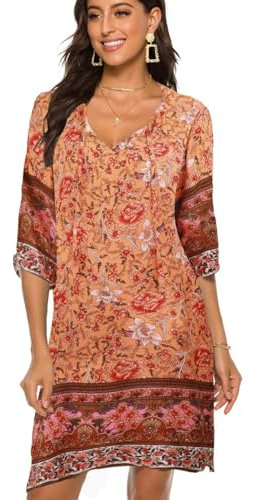 BDTECAOR Frauen V-Ausschnitt Boho 3/4 Ärmel Casual Beachwear Coverups Kleid Sommerkleid Gelb XL