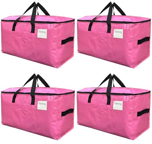 Extra große Umzugstaschen mit Reißverschlüssen und Tragegriffen, robuste Aufbewahrungsboxen, Umzugskartons für Umzug, Lagerung, Camping und Reisen, 93 l, Rosa, 4 Stück