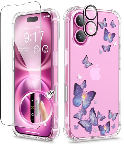 GVIEWIN für iPhone 16 Hülle 6,1 mit Display&Kameraschutz Blumen Klare TPU | Kamerasteuerung Button,Stoßfest,Fallschutz,Kratzfest,Nicht gelb,Dünn Handyhülle für Frauen,Verführerischer Schmetterling