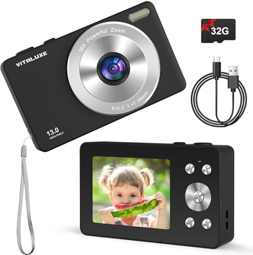 Cámara digital 4K, cámara para niños, cámara digital real de 13 MP Point and Shoot con tarjeta SD de 32 GB, zoom de 16 x, portátil vintage de 2,83 pulgadas, cámara pequeña para adolescentes, niños,