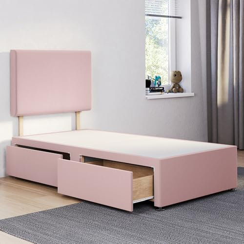 ComfoRest - Luxurious 3FT Single Divan Bed with 2 Drawers & Plain 24 Headboard | Sturdy Base with Storage for Compact Rooms (Pink Plush)