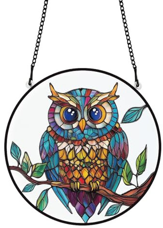 PLIGREAT Eule Sonnenfänger Buntglas Hängender Sonnenfänger Bunte Eule Fensterbehänge Ornamente für Wohnzimmer Schlafzimmer Spielzimmer Fensterdekoration Wandkunst Dekor Weihnachten Gedenkgeschenke