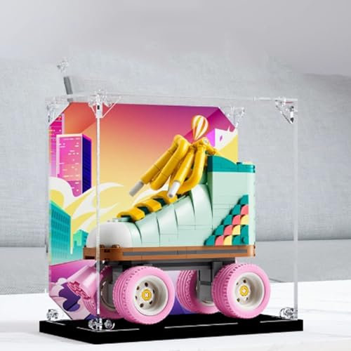 Transparente Acryl-Vitrine für Lego 31148 Vintage Rollschuh-Modell, transparente Box, Aufbewahrungsbox, Displaybox, kompatibel mit 31148 Modell. (nur Displaybox (schwarzer Sockel)
