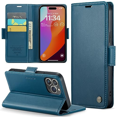 Phernykas Wallet Case for iPhone 15 Pro, Magnetic Flip | 3 Card Slots, Faux Leather RFID Blocking Card Holder Flip Wallet with Kickstand, Side Magnetic Clasp, Premium Cover,Blue
