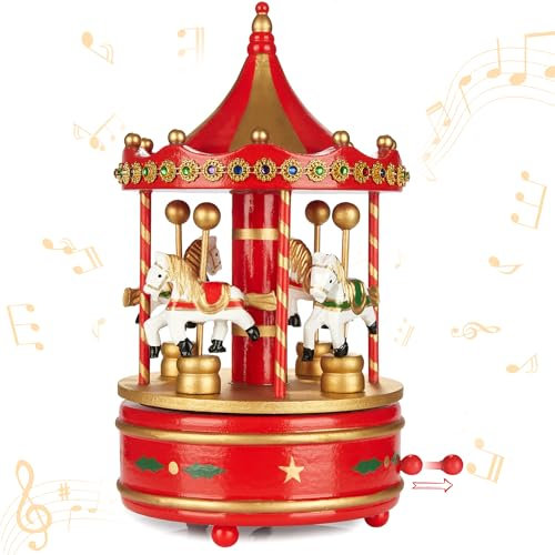 BRUBAKER Spieluhr aus Holz - Melodie: Jingle Bells - Nostalgie Karussell mit Pferden - 24 cm Spieldose Dekoration für Weihnachten - Weihnachtsdeko Musik Box - Rot Gold