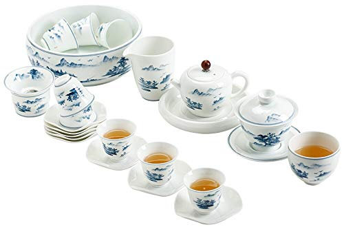 tea set, hand-painted blue and white landscape tea cup with ceramic three-piece lid bowl teapot 8 cups 8 tea tray 1 tea wash 1 master cup big set box