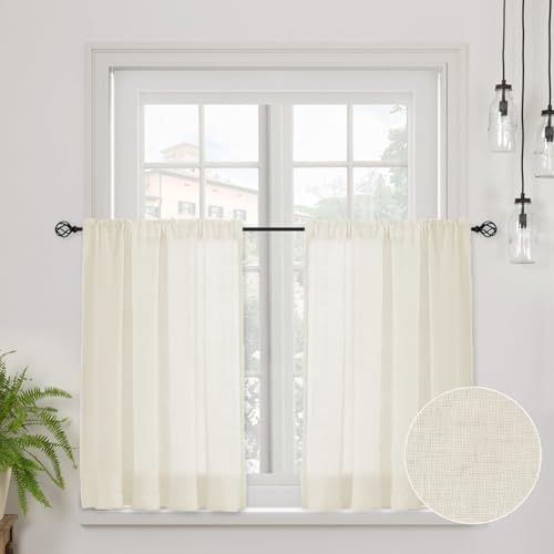 CUCRAF Echte Leinen Scheibengardine Bistrogardine Küchengardinen H 45 x B 90 Hellbeige Halb Transparent Stores Gardinen Fenster Gardinen Gardinenschal
