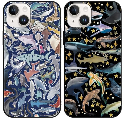 Phoona 2 Stück Handyhülle für iPhone 14/13 Hülle 6,1'', Aesthetic Hai Motiv Design Weiche TPU Ultra Dünn Silikon Schutzhülle Kratzfeste Stoßfest Kameraschutz Bumper Case für Mädchen, Schwarz