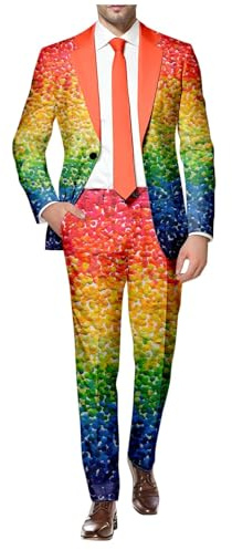 Bauzuoyo Regenbogen Kostüm Herren Anzug 2 Teilig Sportlich Sakko Hose Konfetti Anzug Herren 80er 90er Jahre Neon Party Outfit Bunte Karneval Mottoparty Kostüm Slim Fit Hippie Kleidung