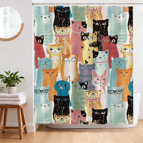 BREASOME Duschvorhang 180x180 cm Anti-Schimmel Duschvorhang Lustig Katze Stoff Polyester Wasserdicht Badewanne Vorhang mit Ösen und 12 Haken