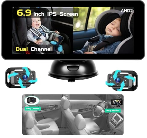 Hikity Moniteur de Bébé pour Voiture - Stabilité Arrière Caméra Arrière avec Moniteur 6,9 pour Le Voyage en Siège Auto - 2 Caméras, Support à Ventouse, DC 12V, Caméra de Voiture pour Bébé