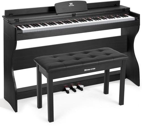MUSTAR E-Piano 88 Tasten mit Klavierhocker, Digital Piano, Elektrisches Klavier mit Klavierständer, 3 Pedaladapter, 2 Kopfhöreranschluss, LCD-Bildschirm, USB/MIDI, Piano für Anfänger, Schwarz