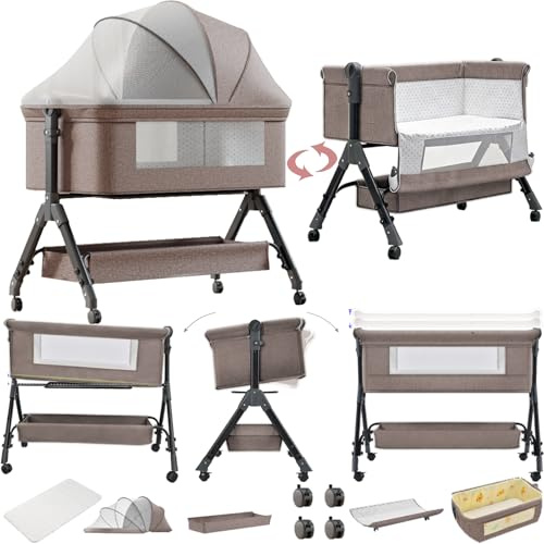 Doraystar Beistellbett Baby mit Rollen, Faltbar Co-Sleeping Babybett, Convertible Stubenwagen Baby Kleinkind Wiege (X3 Khaki)