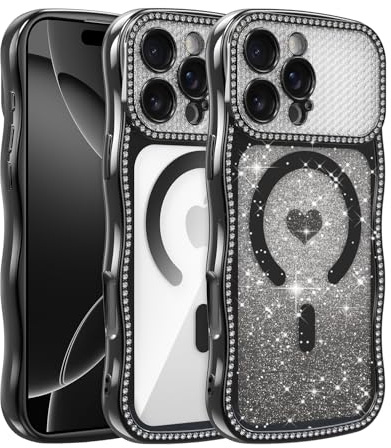 UCASONG for iPhone 13 Pro Max (6.7) Magnetic Wave Frame Case, Black Heart | Compatible with MagSafe, Sparkly Rhinestone Gradient Glitter Card, Aesthetic Wavy Case, Soft TPU Shockproof Protective Cover