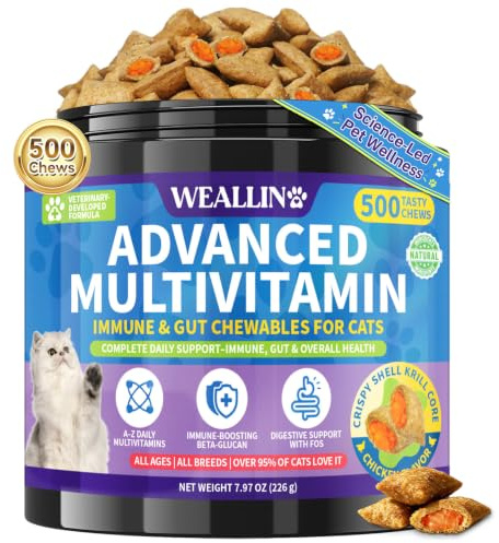 Taurine for Cats Vitamins 18 in 1 Cat Multivitamins Treats 500 Chews | Crunchy & Krill Chews Cat Vitamins with Taurine Supplements for Heart Vision Immune Digestion Skin Coat Support for All Ages