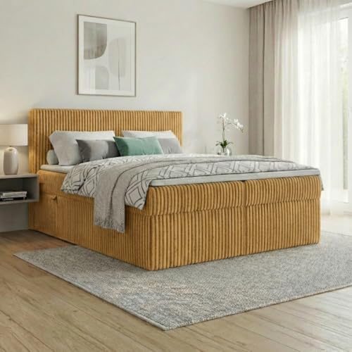 A&J MöbelLand Boxspringbett RALF 120x200 mit Bettkasten und Topper – Bonellmatratze H2 – Stauraum in Gelb