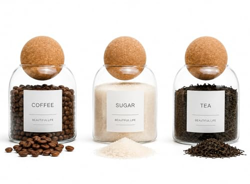 Tea Coffee and Sugar Canisters Set - Set of 3 500ml Glass Jars with Cork Lids and Labels, Kitchen Storage Containers, Perfect Home Kitchen Essentials Gift
