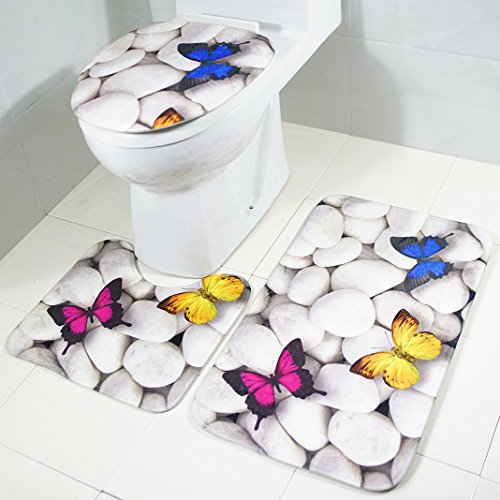 Badematten Set 3tlg, Moon mood® 3 - teilig Badgarnitur Badematte rutschfester Badteppich Badset Badteppich Stand-WC, Rechteckiges Auflage 75 * 45cm/U-förmige Auflage 40 * 45cm/WC-Abdeckung 40 * 45cm