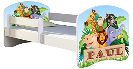 ACMA Kinderbett 180x80 Jugendbett mit Matratze, Rausfallschutz, Lattenrost Weiß, stabil, Kinderzimmer Bett, Jugendmöbel Design 02 Animals Name
