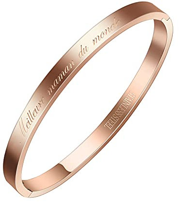 AURSTORE® Bracelet Jonc Fin en Acier Inoxydable 316L avec Message Phrases d'Inspiration Largeur 4 mm Plusieurs Messages au Choix Couleurs Or Rosé (Meilleure Maman du Monde)