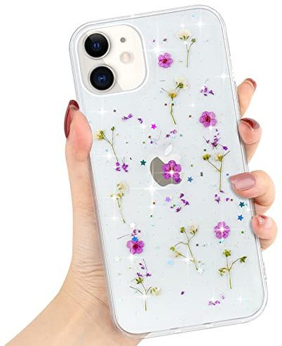 L-FADNUT Kompatibel mit iPhone 11 Hülle Getrocknete Blumen Transparent Glitzer Handyhülle Frauen Mädchen Floral Schutzhülle Weich Silikon Bumper Case für iPhone 11, Lila