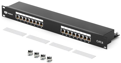 HB-DIGITAL Panneau de brassage 16 ports Cat 6 LSA blindé Noir Panneau de distribution Cat.6 (250 MHz) 19 Montage en rack Montage serveur 1HE 16x RJ45 femelle Professional, TIA568A ou TIA568B Câble de