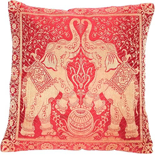 Indische Banarasi Seide Deko Kissenbezüge 40 cm x 40 cm, Extravaganten Designs für Wohnzimmer und Schlafzimmer Dekoration - Doppel Elefant Muster 40 x 40 cm | 16 x 16 Zoll, Rot-4