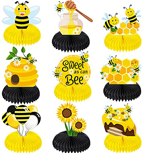 Outus 9 Pcs Honey Bee Party Decoration Baby Shower Gender Reveal Centerpiece Honeycomb Beehive Centerpieces Wedding Table Decoration for Bee Day Themed Birthday Party Supplies