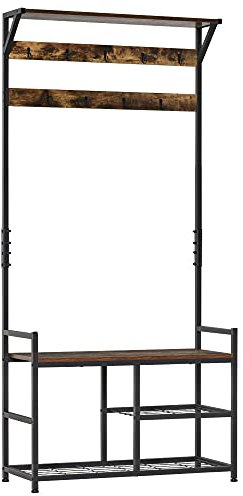 HOMCOM Coat Rack Stand Shoe Storage Bench with 9 Hooks Shelves for Bedroom Living Room Entryway Brown and Black 180cm