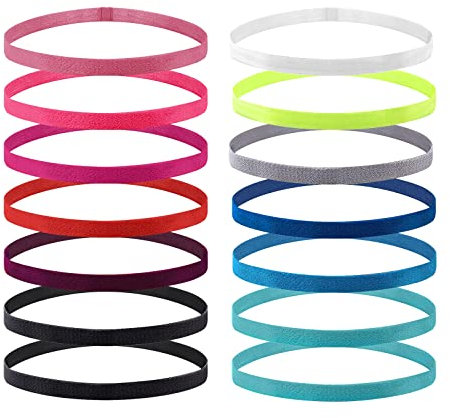 VEGCOO 14 Sport Stirnband Dünn Antirutsch Elastische Stirnbänder Sport Haarband Dünn rutschfest Geeignet für Jungen Mädchen Und Kinder(Fluoreszierendes orange,Fluoreszierendes gelb,lila,kieferngrün)