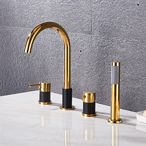 Robinet Baignoire Thermostatique 4 Trous Robinet de Bain Multifonction Mitigeur Robinet Douche Robinetterie de Baignoire avec Pommeau de Douchette Extractible,Noir+Or