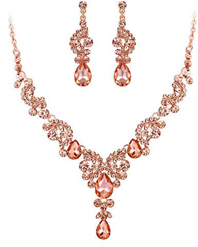 EVER FAITH Strass Kristall Hochzeit Floral Wave Teardrop Halskette Ohrringe Set Champagner Gold-Ton