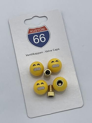 4er Set Ventilkappen und 2 Fahrrad Adapter Zähne zeigendes Emoji in gelb für jedes Fahrrad Auto und Motorrad